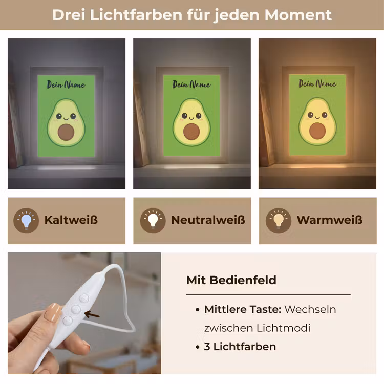 Avocado - Groen - Pit - Gezichtje Light Box met kabel (Kinderlampje) klein -USP_lichtkleurDE