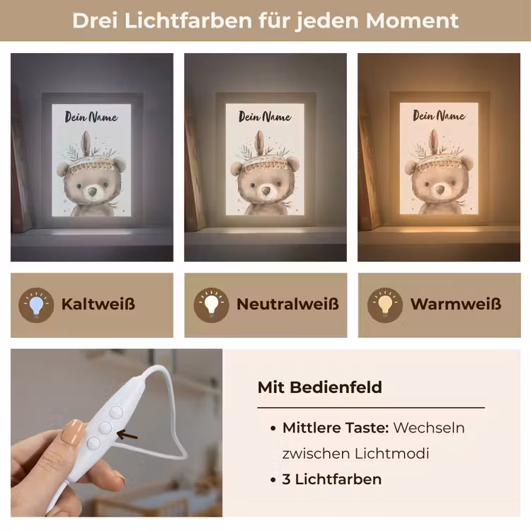 Beer - Boho - Indianentooi - Dieren Light Box met kabel (Kinderlampje) klein -USP_lichtkleurDE