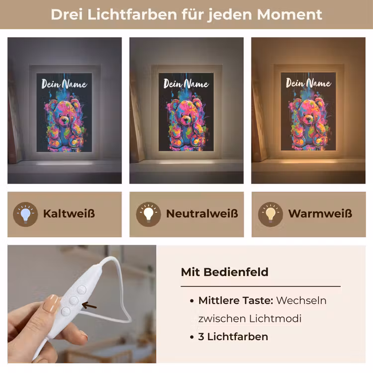 Beer - Verf - Kleurrijk - Knuffeldier Light Box met kabel (Kinderlampje) klein -USP_lichtkleurDE