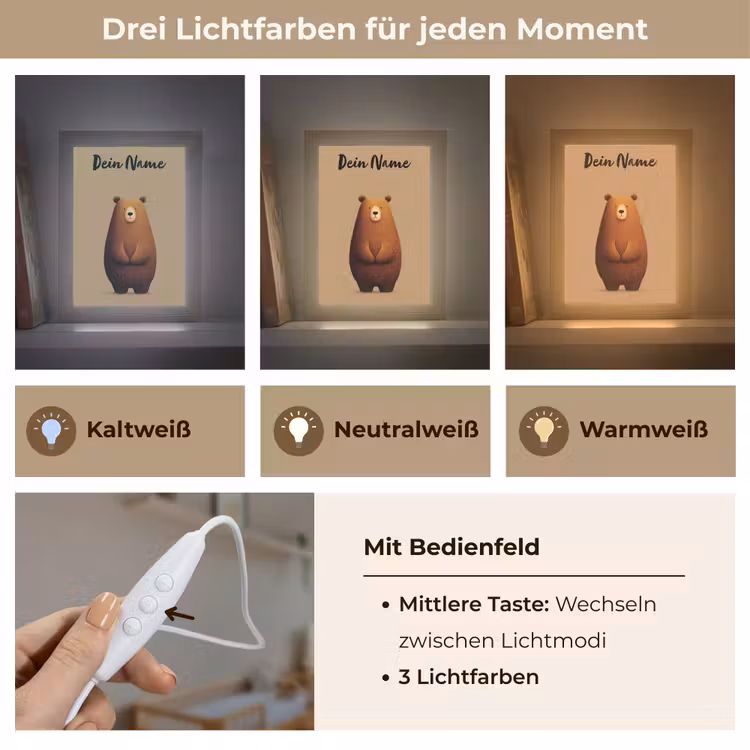 Beer - Minimalistisch - Bruin Light Box met kabel (Kinderlampje) klein -USP_lichtkleurDE