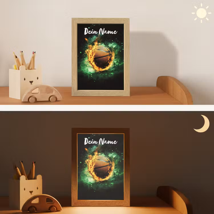 Basketbal - Vuur - Vlammen - Groen Light Box met kabel (Kinderlampje) klein -sfeer3_kind