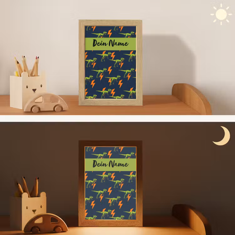 Bliksemschichten - Oranje - Dino - Patroon Light Box met kabel (Kinderlampje) klein -sfeer3_kind