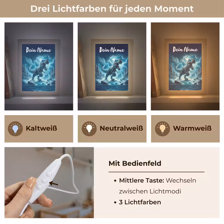Dino - Blauw - Jongens Light Box met kabel (Kinderlampje) klein -USP_lichtkleurDE