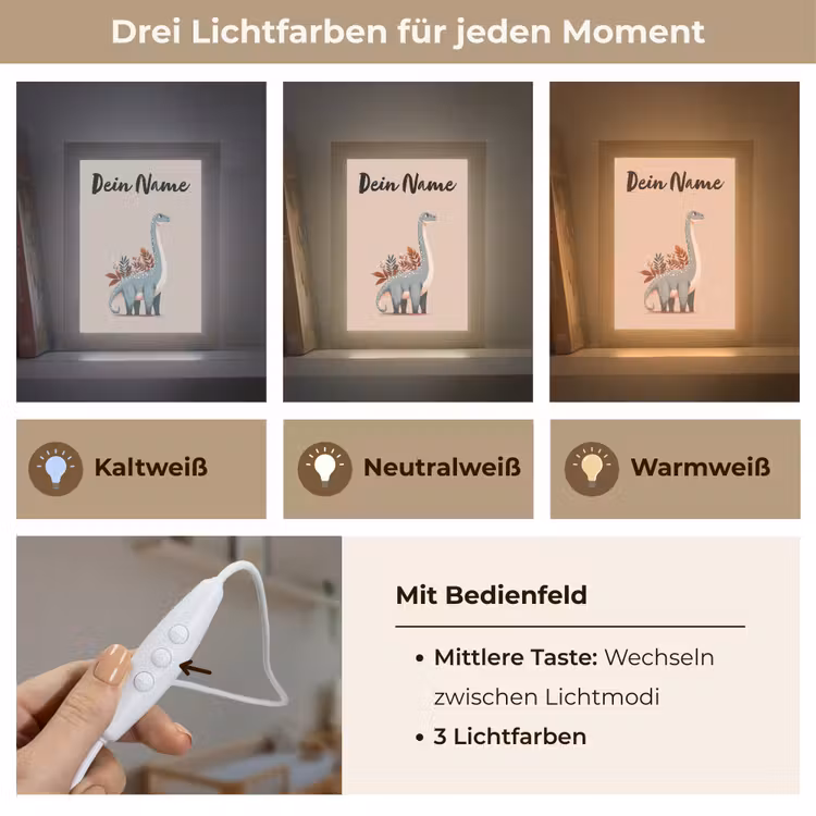 Dinosaurus - Planten - Beige - Minimalistisch Light Box met kabel (Kinderlampje) klein -USP_lichtkleurDE