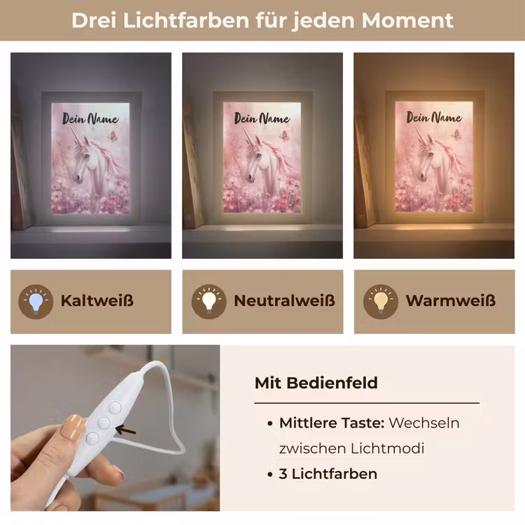 Eenhoorn - Roze - Vlinders - Bloemen Light Box met kabel (Kinderlampje) klein -USP_lichtkleurDE