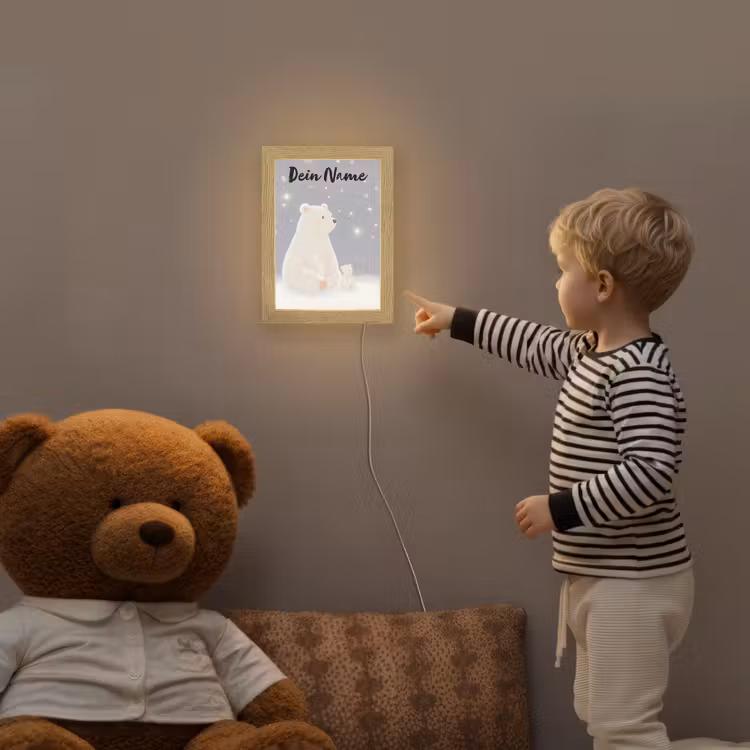 Ijsbeer - Sneeuw - Sterren - Blauw Light Box met kabel (Kinderlampje) klein -sfeer4a_kind