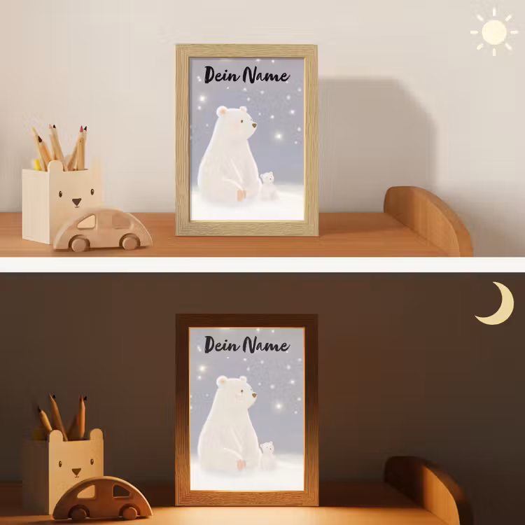 Ijsbeer - Sneeuw - Sterren - Blauw Light Box met kabel (Kinderlampje) klein -sfeer3_kind