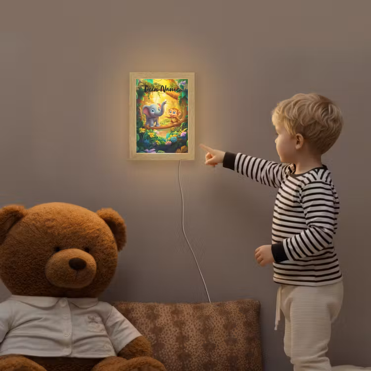 Olifant - Appje - Jungle - Kleurrijk Light Box met kabel (Kinderlampje) klein -sfeer4a_kind