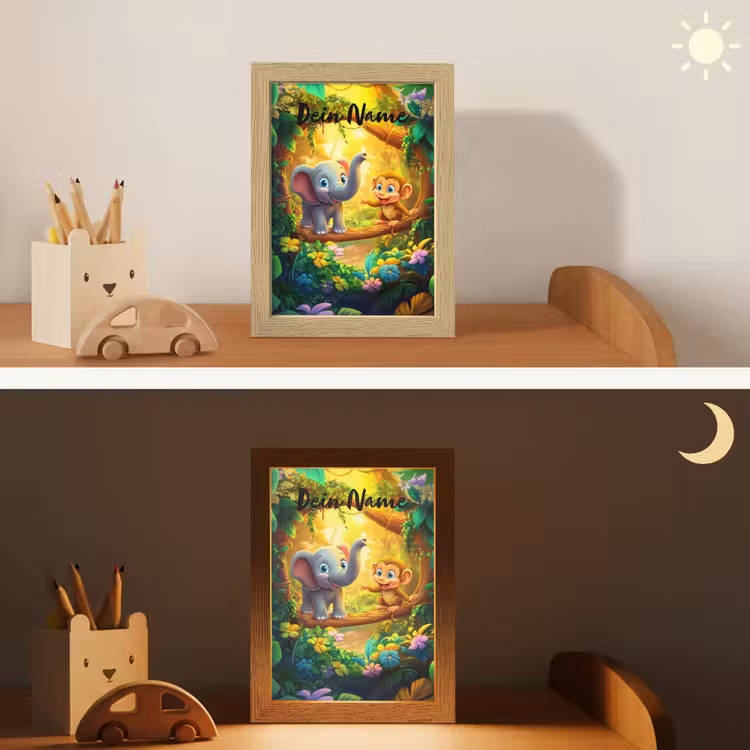 Olifant - Appje - Jungle - Kleurrijk Light Box met kabel (Kinderlampje) klein -sfeer3_kind