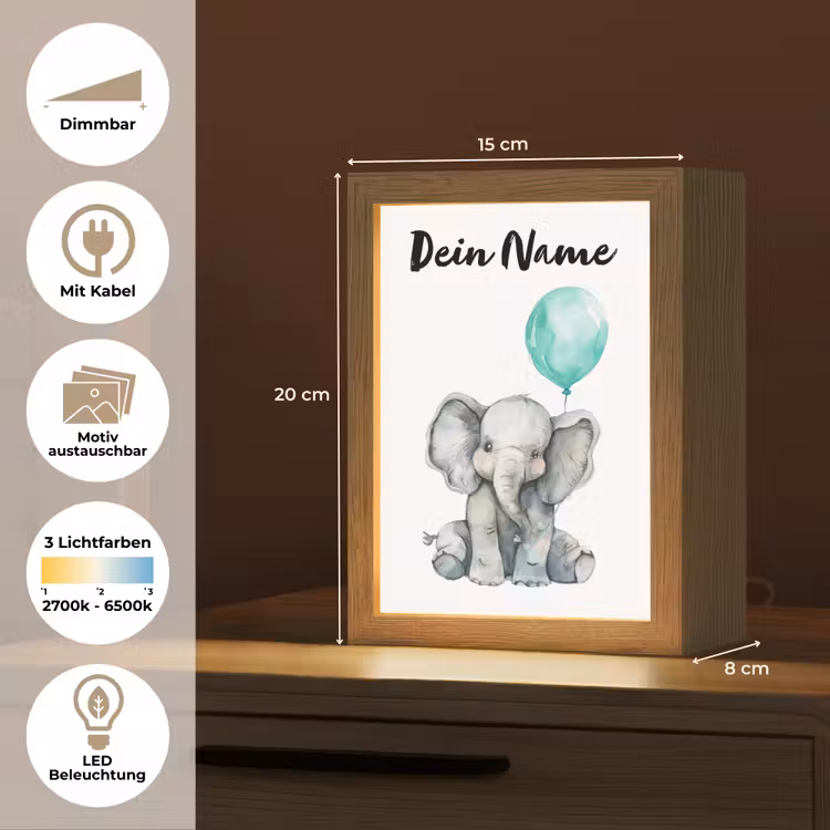 Olifant - Baby - Dieren - Blauwe ballon Light Box met kabel (Kinderlampje) klein -USP_websiteoverzichtDE