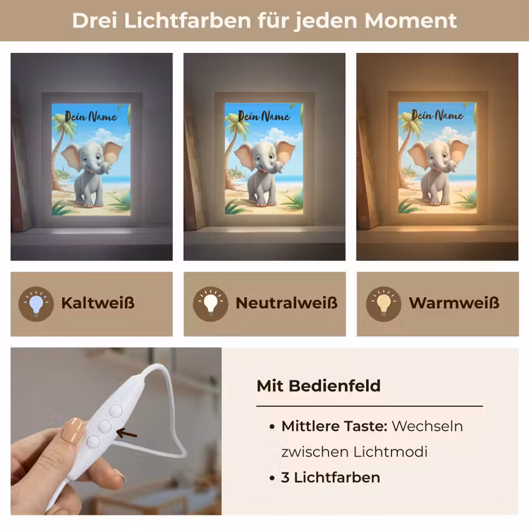 Olifant - Strand - Dieren - Meisjes - Kind Light Box met kabel (Kinderlampje) klein -USP_lichtkleurDE