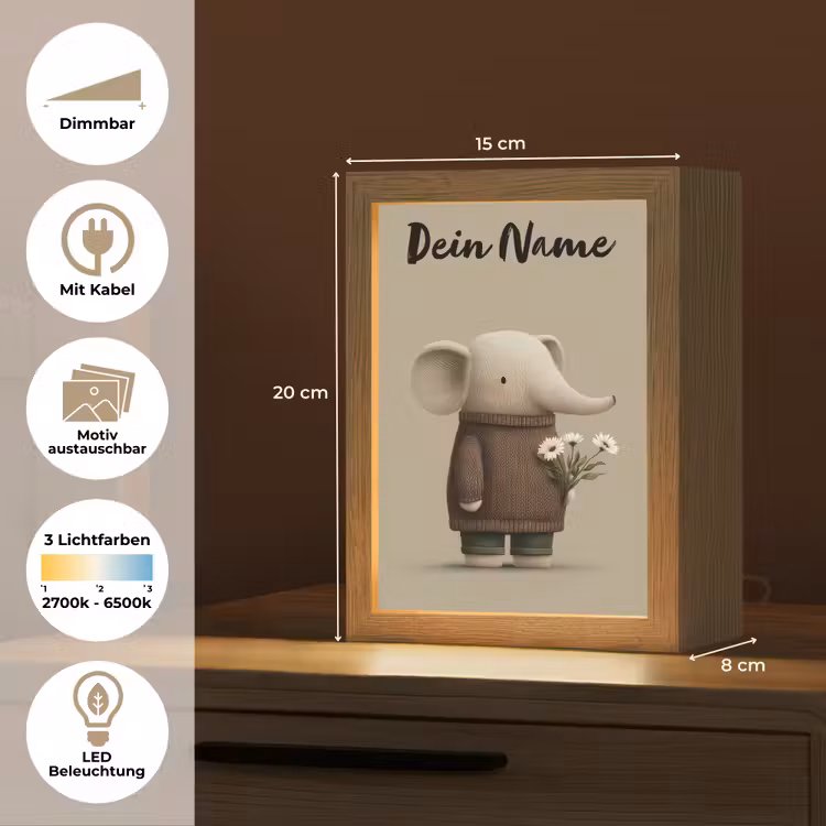 Olifant - Witte bloemen - Kindvriendelijk Light Box met kabel (Kinderlampje) klein -USP_websiteoverzichtDE