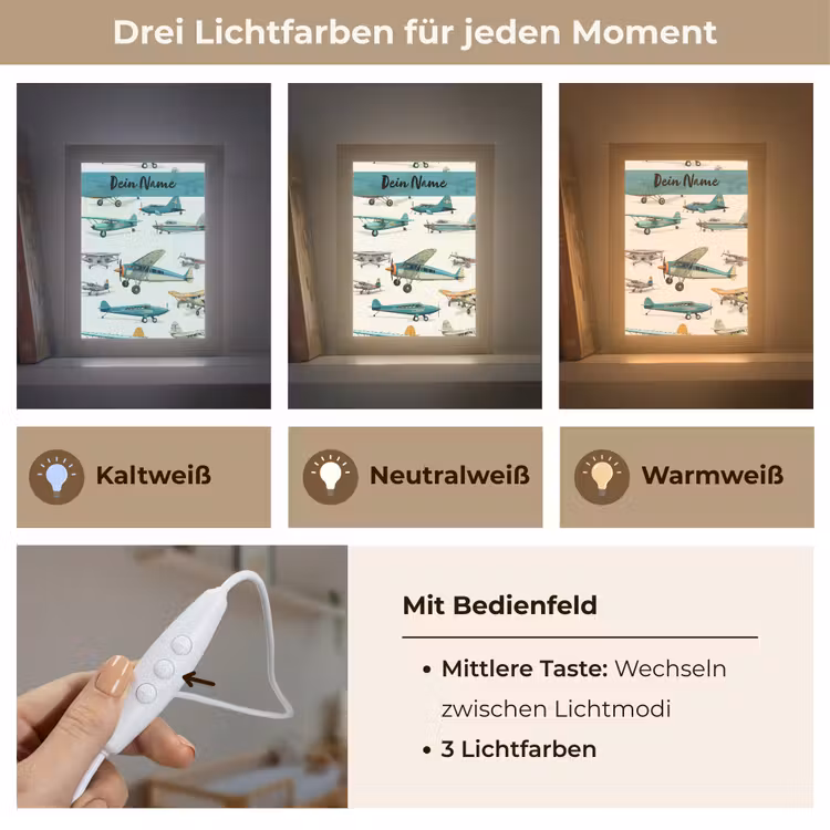 Vliegtuig - Blauw - Kinderen - Jongen - Oranje Light Box met kabel (Kinderlampje) klein -USP_lichtkleurDE