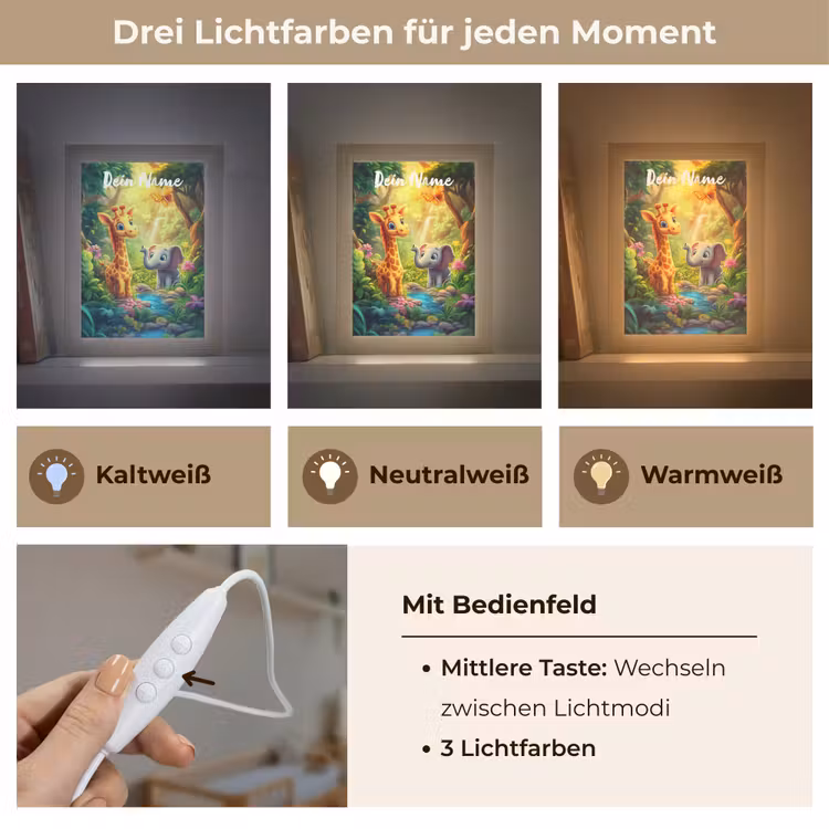 Giraf - Olifant - Bloemen - Jungle Light Box met kabel (Kinderlampje) klein -USP_lichtkleurDE