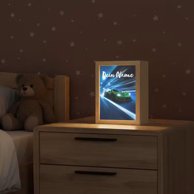Groene racewagen - Blauw - Neon - Licht Light Box met kabel (Kinderlampje) klein -sfeer1_kind