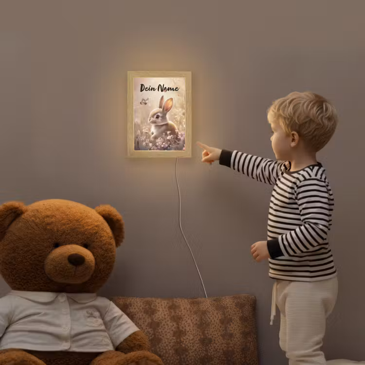 Konijntje - Bruin - Bloemen - Vlinders Light Box met kabel (Kinderlampje) klein -sfeer4a_kind