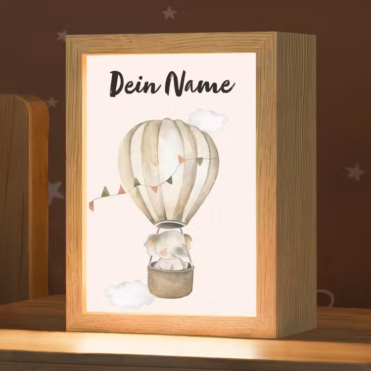 Luchtballon - Olifant - Watercolor - Beige - Dieren Light Box met kabel (Kinderlampje) klein -zzz_3d_website