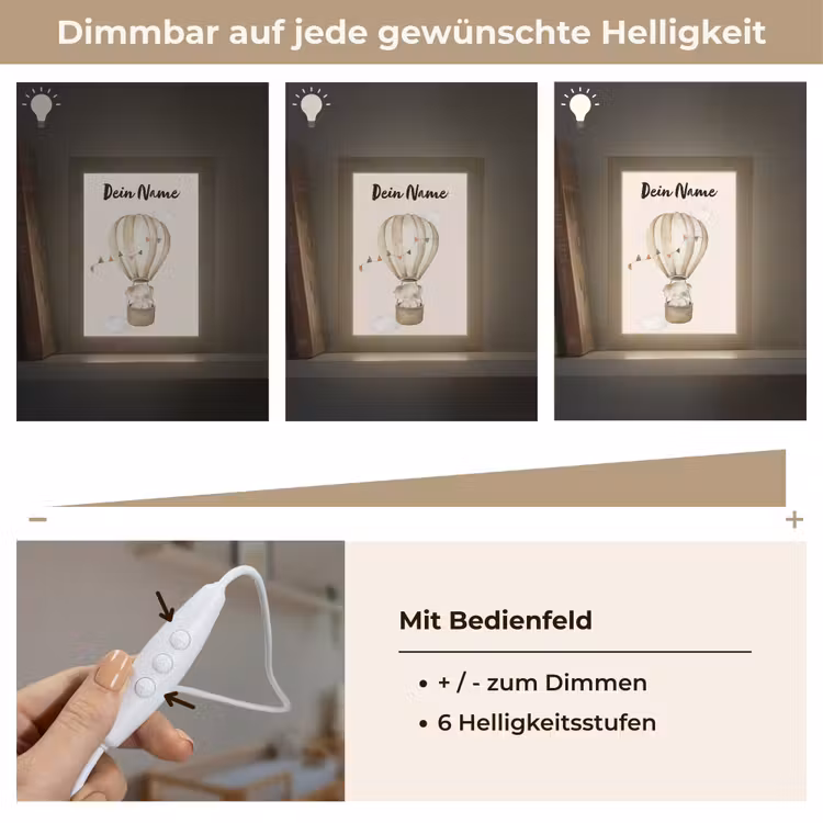 Luchtballon - Olifant - Watercolor - Beige - Dieren Light Box met kabel (Kinderlampje) klein -USP_dimbaarDE
