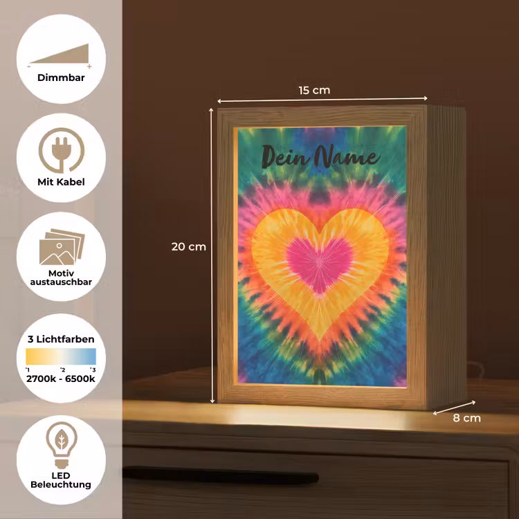 Hart - Kleurrijk - Regenboog - Tie Dye Light Box met kabel (Kinderlampje) klein -USP_websiteoverzichtDE