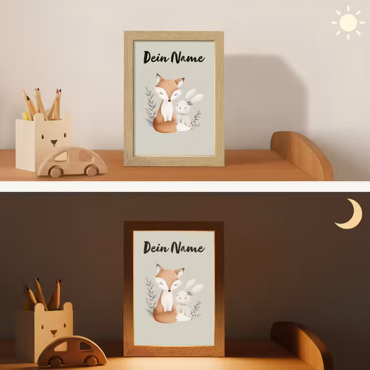 Illustratie - Vos - Konijn - Bladeren Light Box met kabel (Kinderlampje) klein -sfeer3_kind