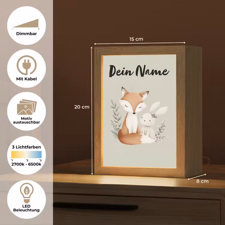 Illustratie - Vos - Konijn - Bladeren Light Box met kabel (Kinderlampje) klein -USP_websiteoverzichtDE