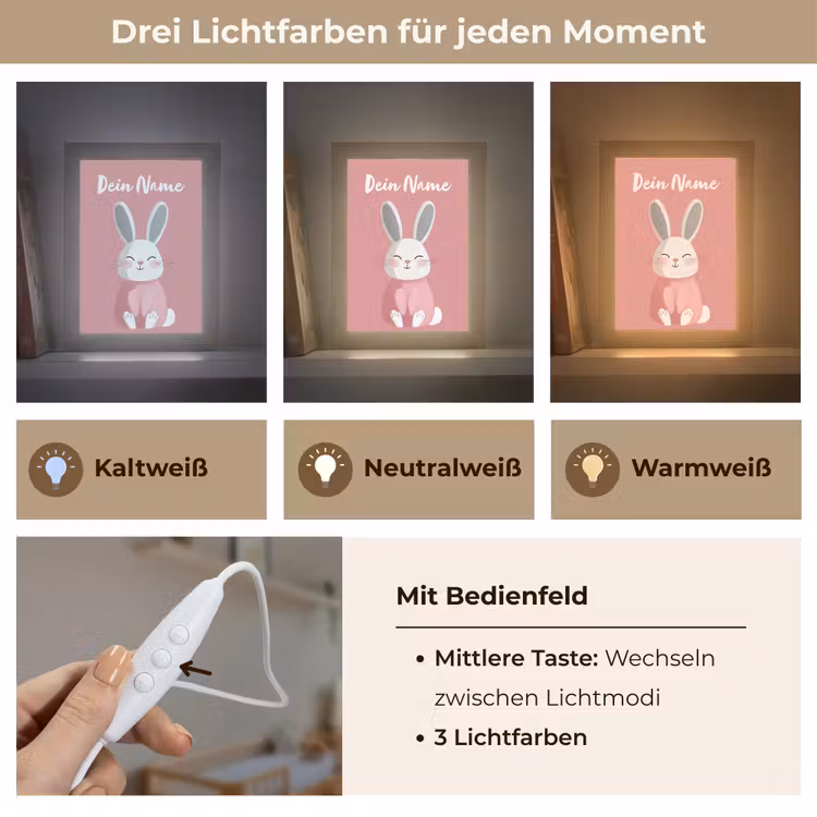 Illustratie - Konijn - Roze - Minimalistisch Light Box met kabel (Kinderlampje) klein -USP_lichtkleurDE