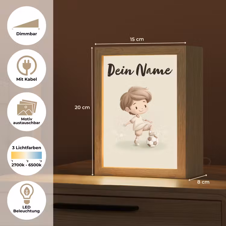 Jongen - Bruin - Voetbal - Minimalistisch Light Box met kabel (Kinderlampje) klein -USP_websiteoverzichtDE