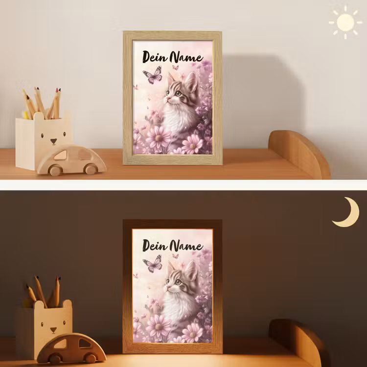 Kitten - Bloemen - Vlinders - Paars Light Box met kabel (Kinderlampje) klein -sfeer3_kind