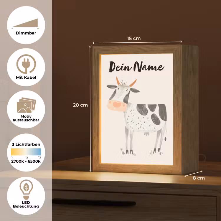 Koe - Boerderij dier - Dieren - Pastel kleuren Light Box met kabel (Kinderlampje) klein -USP_websiteoverzichtDE