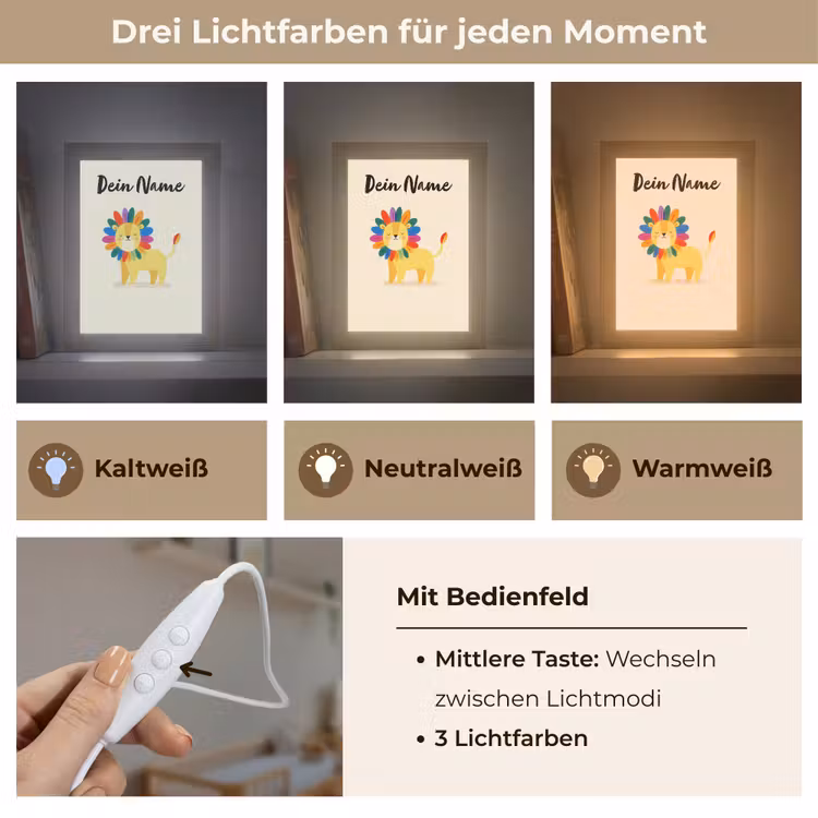Leeuw - Kleurrijke manen - Beige Light Box met kabel (Kinderlampje) klein -USP_lichtkleurDE