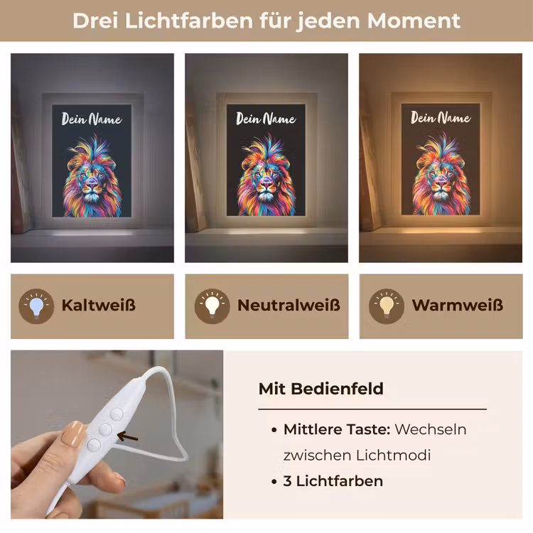 Leeuwen - Kleurrijk - Zwart - Dieren Light Box met kabel (Kinderlampje) klein -USP_lichtkleurDE