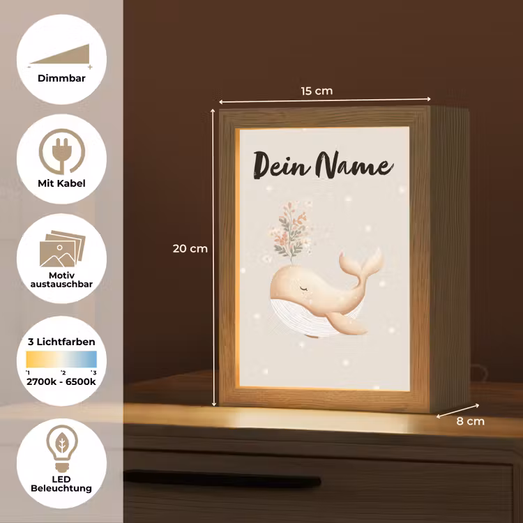 Minimalistisch - Walvis - Bloemen - Stippen Light Box met kabel (Kinderlampje) klein -USP_websiteoverzichtDE