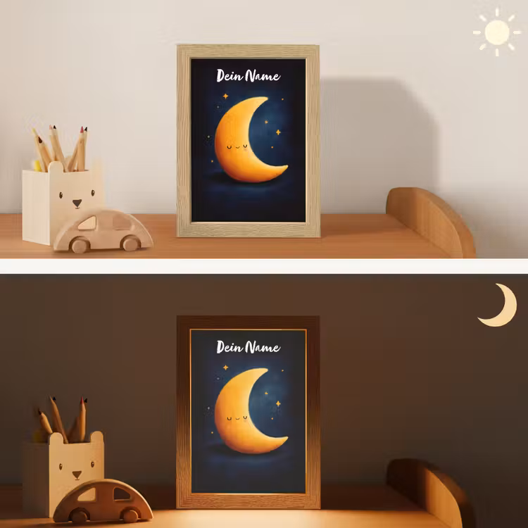 Maan - Geel - Sterren - Gezichtje Light Box met kabel (Kinderlampje) klein -sfeer3_kind