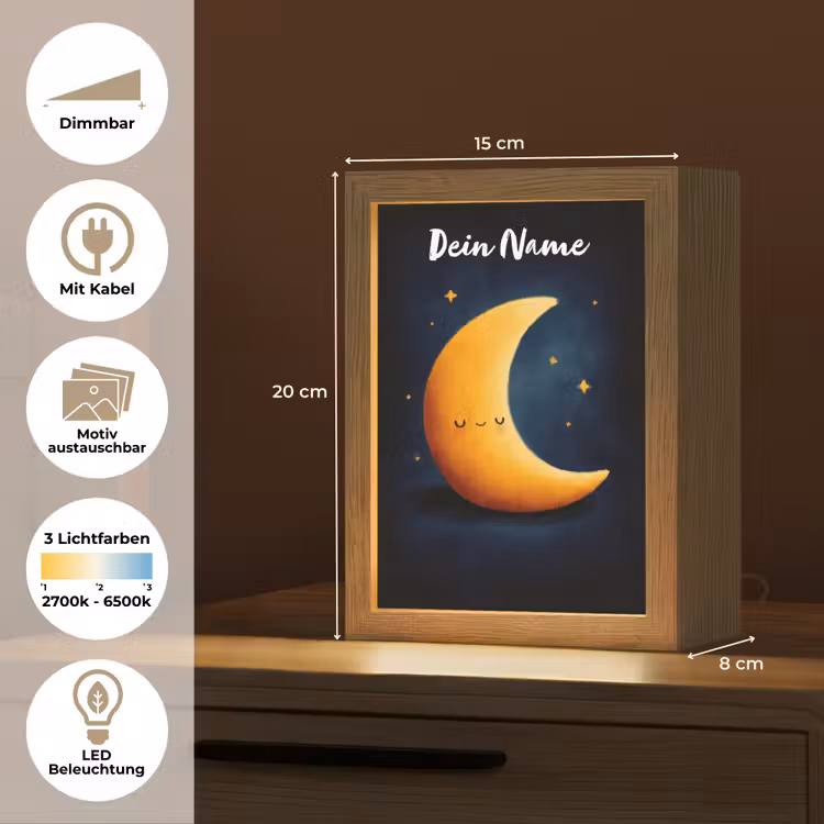 Maan - Geel - Sterren - Gezichtje Light Box met kabel (Kinderlampje) klein -USP_websiteoverzichtDE