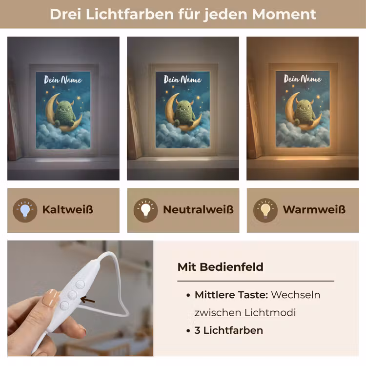 Monster - Groen - Maan - Wolken Light Box met kabel (Kinderlampje) klein -USP_lichtkleurDE