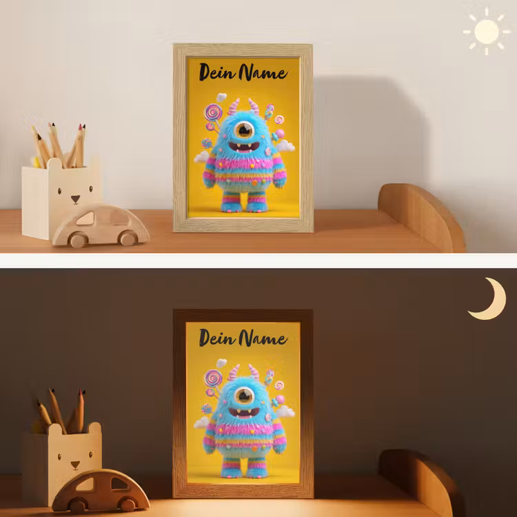 Monster - Snoep - Geel - Kleurrijk Light Box met kabel (Kinderlampje) klein -sfeer3_kind