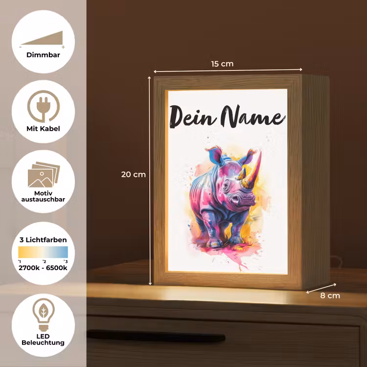 Neushoorn - Kleurrijk - Verf - Dieren Light Box met kabel (Kinderlampje) klein -USP_websiteoverzichtDE