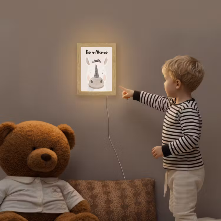 Neushoorn - Wilde dieren - Pastel kleuren Light Box met kabel (Kinderlampje) klein -sfeer4a_kind