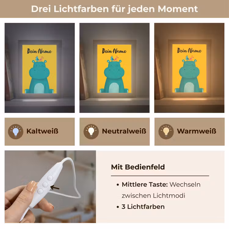Nijlpaard - Vogels - Groen - Geel Light Box met kabel (Kinderlampje) klein -USP_lichtkleurDE
