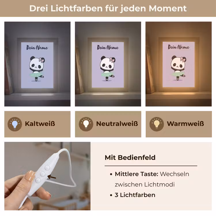 Panda - Paars - Strikje - Kawaii Light Box met kabel (Kinderlampje) klein -USP_lichtkleurDE