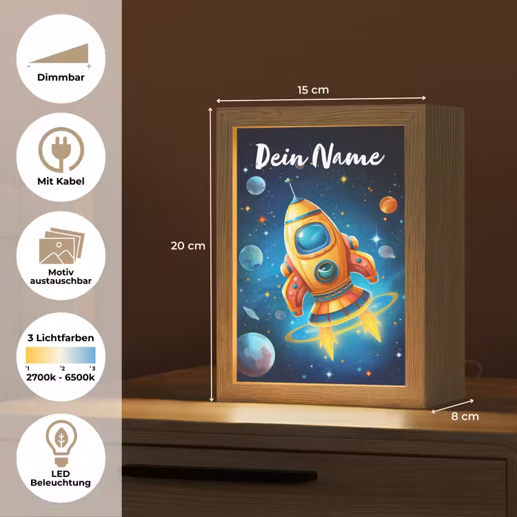 Raket - Ruimte - Planeten - Kinderen - Jongen Light Box met kabel (Kinderlampje) klein -USP_websiteoverzichtDE