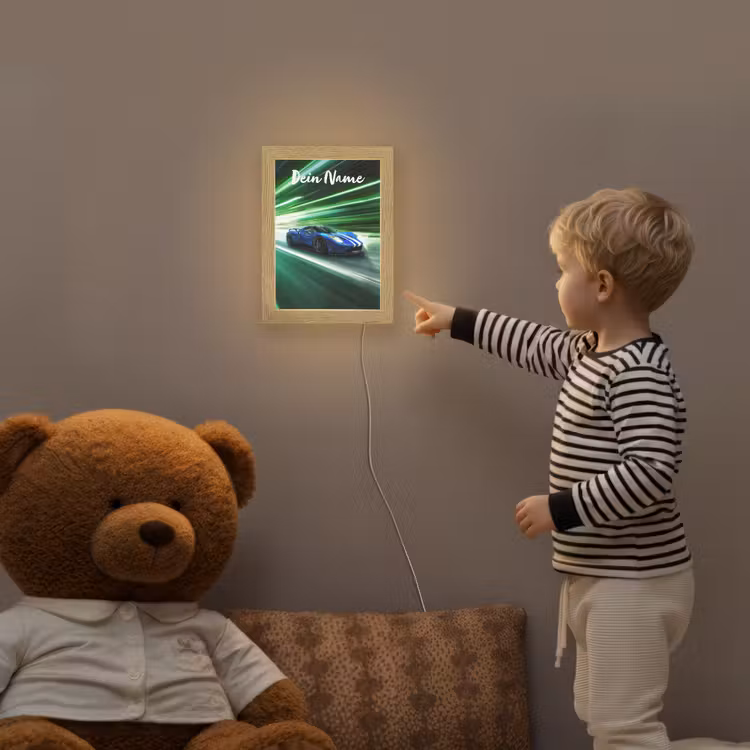 Race auto - Blauw - Groen Light Box met kabel (Kinderlampje) klein -sfeer4a_kind
