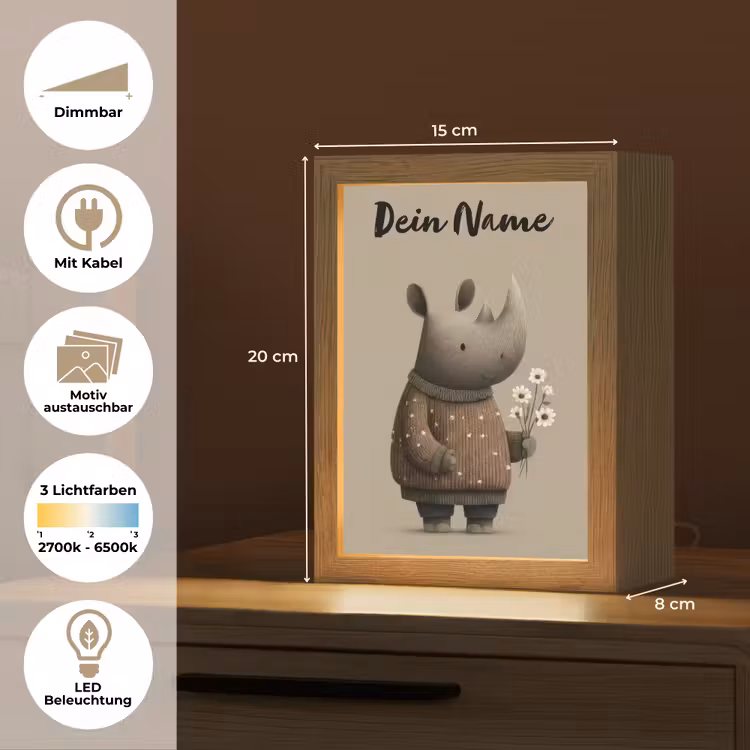 Neushoorn - Witte bloemen - Lief Light Box met kabel (Kinderlampje) klein -USP_websiteoverzichtDE