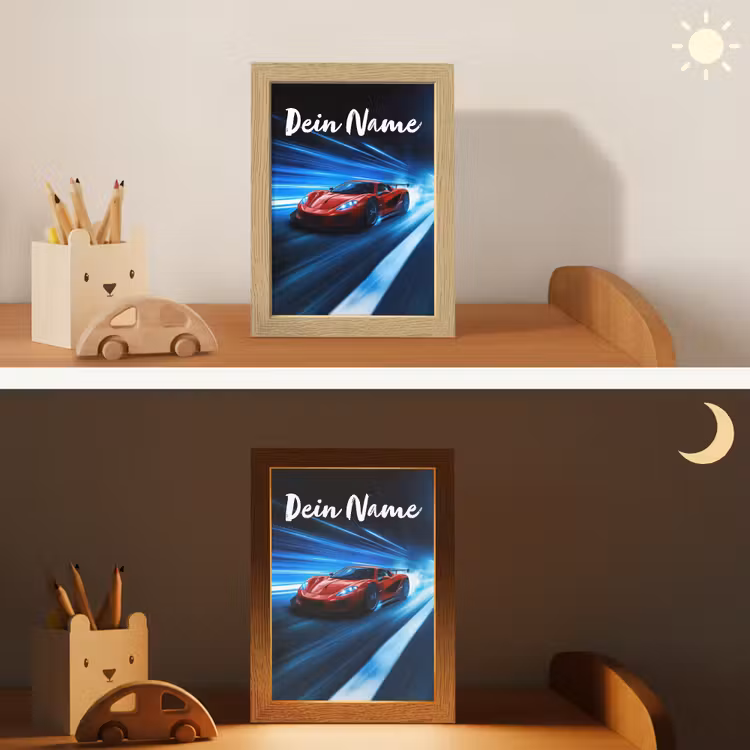Rode raceauto - Blauw - Futuristisch Light Box met kabel (Kinderlampje) klein -sfeer3_kind