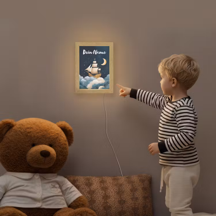 Zeilschip - Sterrenhemel - Wolken - Blauw Light Box met kabel (Kinderlampje) klein -sfeer4a_kind