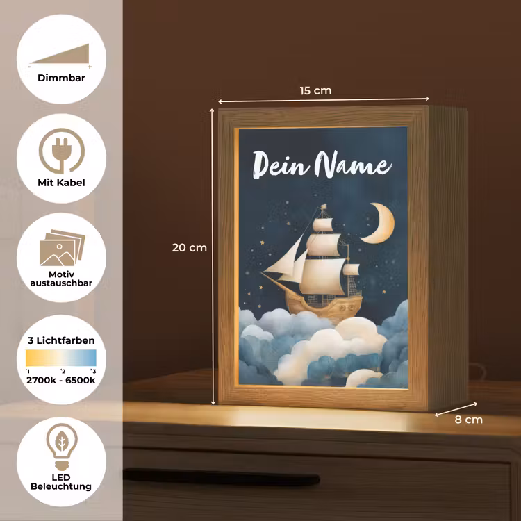 Zeilschip - Sterrenhemel - Wolken - Blauw Light Box met kabel (Kinderlampje) klein -USP_websiteoverzichtDE