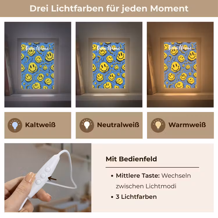 Smileys - Geel - Blauw Light Box met kabel (Kinderlampje) klein -USP_lichtkleurDE