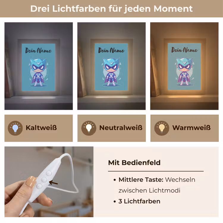 Superheld - Blauw - Jongens Light Box met kabel (Kinderlampje) klein -USP_lichtkleurDE