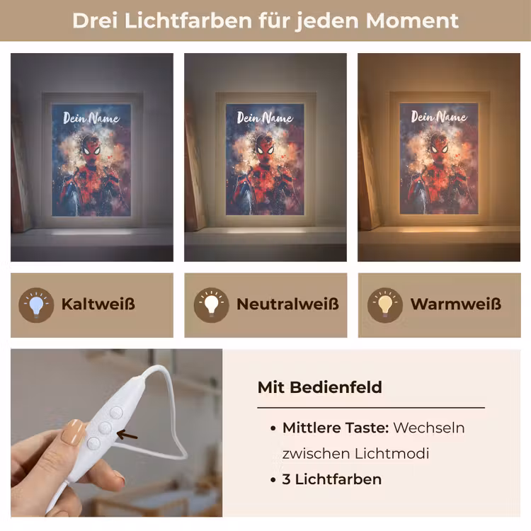 Superheld - Jongens - Rook - Kleuren Light Box met kabel (Kinderlampje) klein -USP_lichtkleurDE
