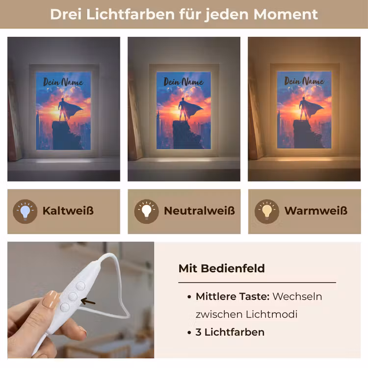 Superheld - Stad - Jongens - Kleurrijk - Zon Light Box met kabel (Kinderlampje) klein -USP_lichtkleurDE